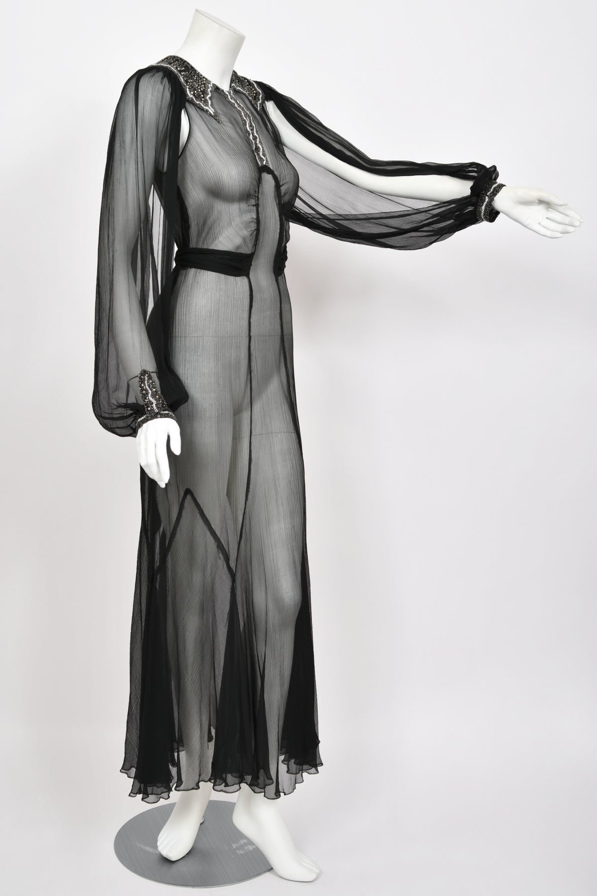 1930&#39;s Beaded Rhinestone Black Sheer Silk Chiffon Billow-Sleeve Deco Dress