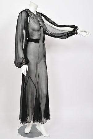 1930's Beaded Rhinestone Black Sheer Silk Chiffon Billow-Sleeve Deco Dress