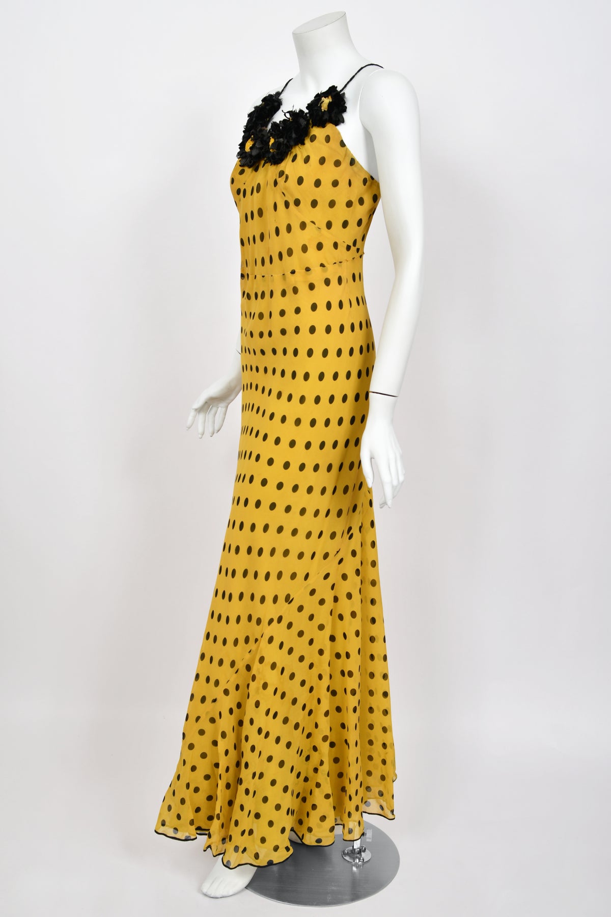 1930&#39;s Germaine Monteil Couture Polka Dot Silk Appliqué Bias-Cut Gown w/ Capelet