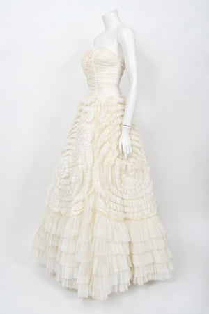 1950's Ivory Chiffon Strapless Tiered Ruffle Full-Length 'New Look' Bridal Gown