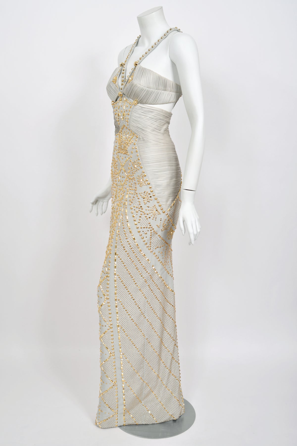 2012 Versace Runway Gold Studded Pale Dove Gray Silk Jersey Hourglass Gown