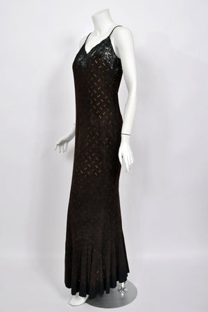 1999 Christian Dior by John Galliano Brown Suede & Sheer Lace Bias-Cut Slip Gown w/ Shawl