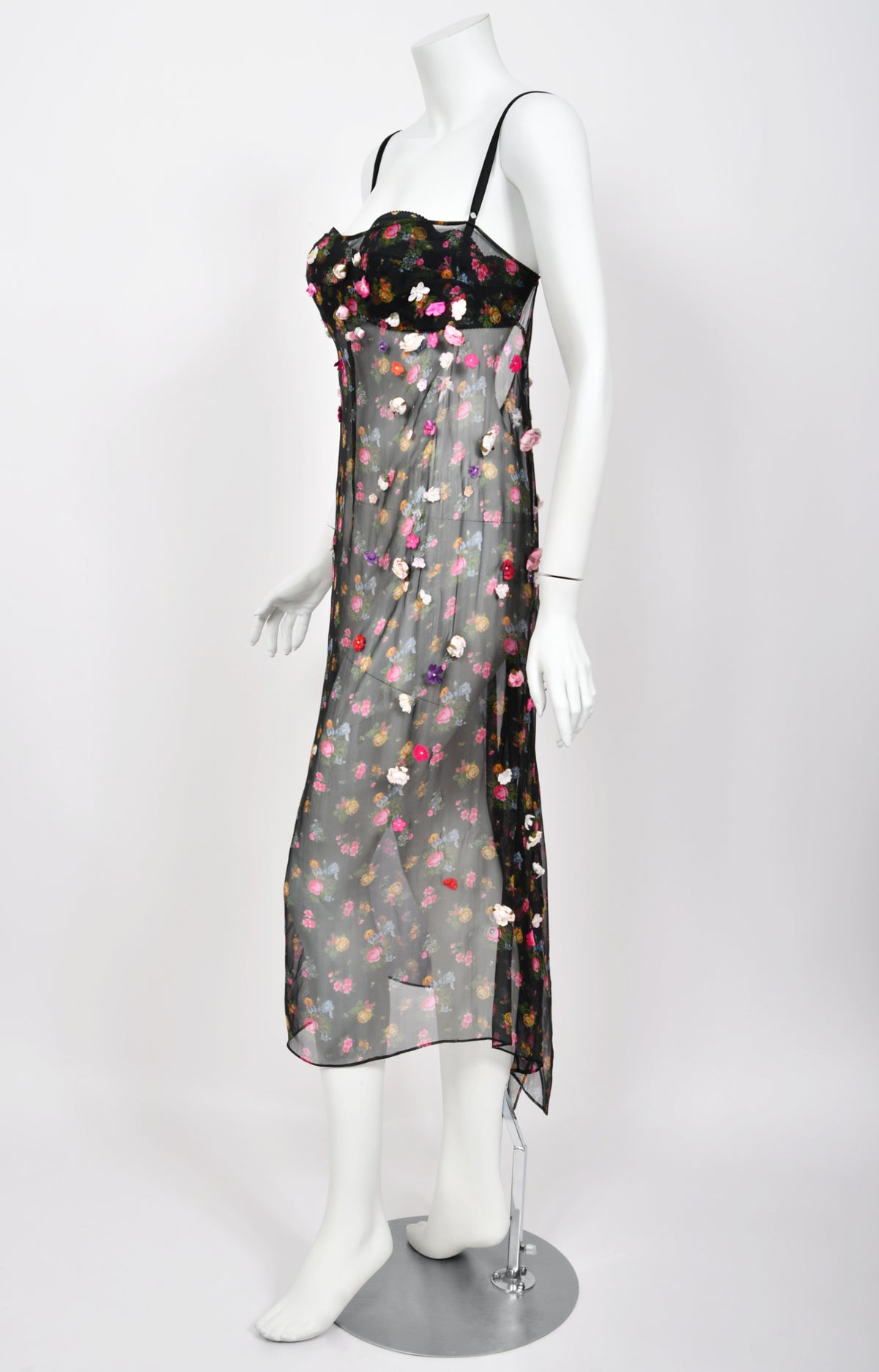 1999 Dolce &amp; Gabbana Sheer Appliqué Floral Silk Built-In Bra Slip Dress