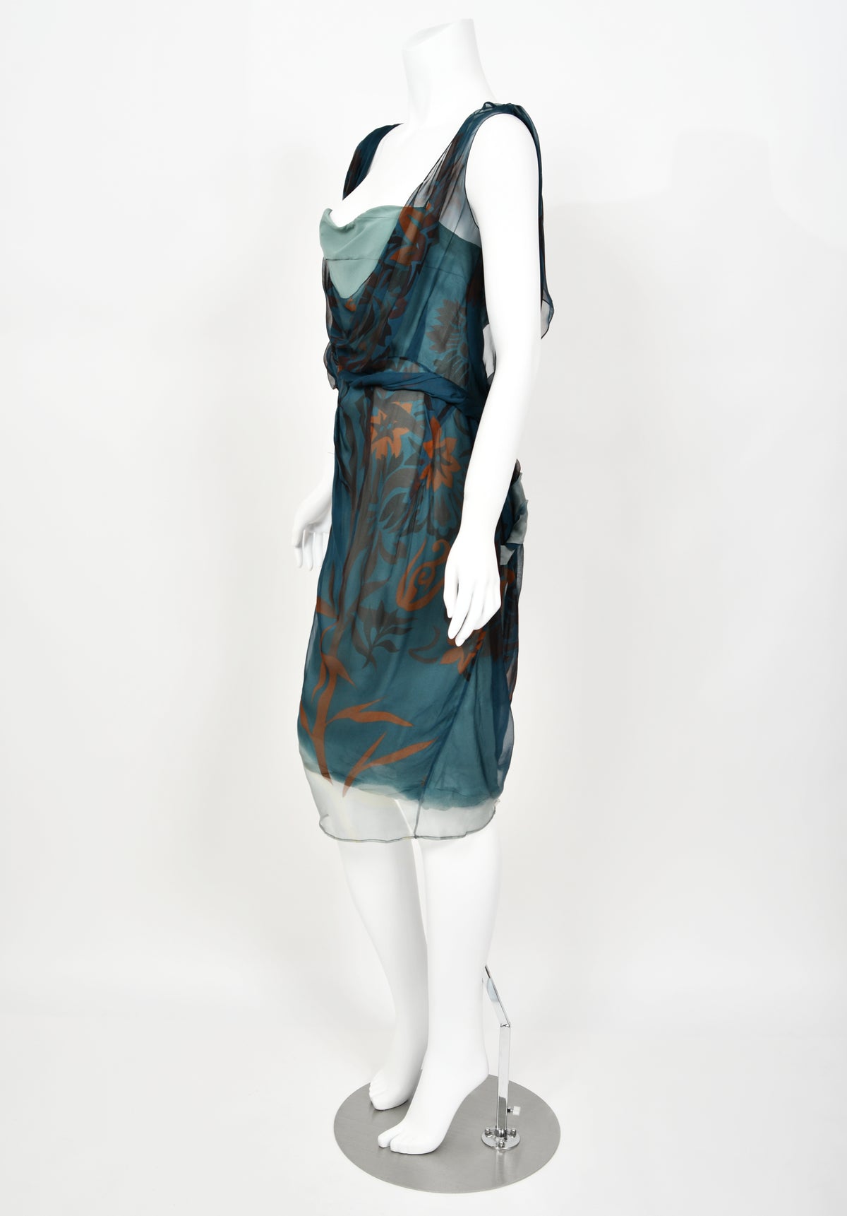 2006 Christian Dior by John Galliano Blue Watercolor Sheer Silk Draped Slip Dress