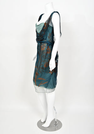 2006 Christian Dior by John Galliano Blue Watercolor Sheer Silk Draped Slip Dress