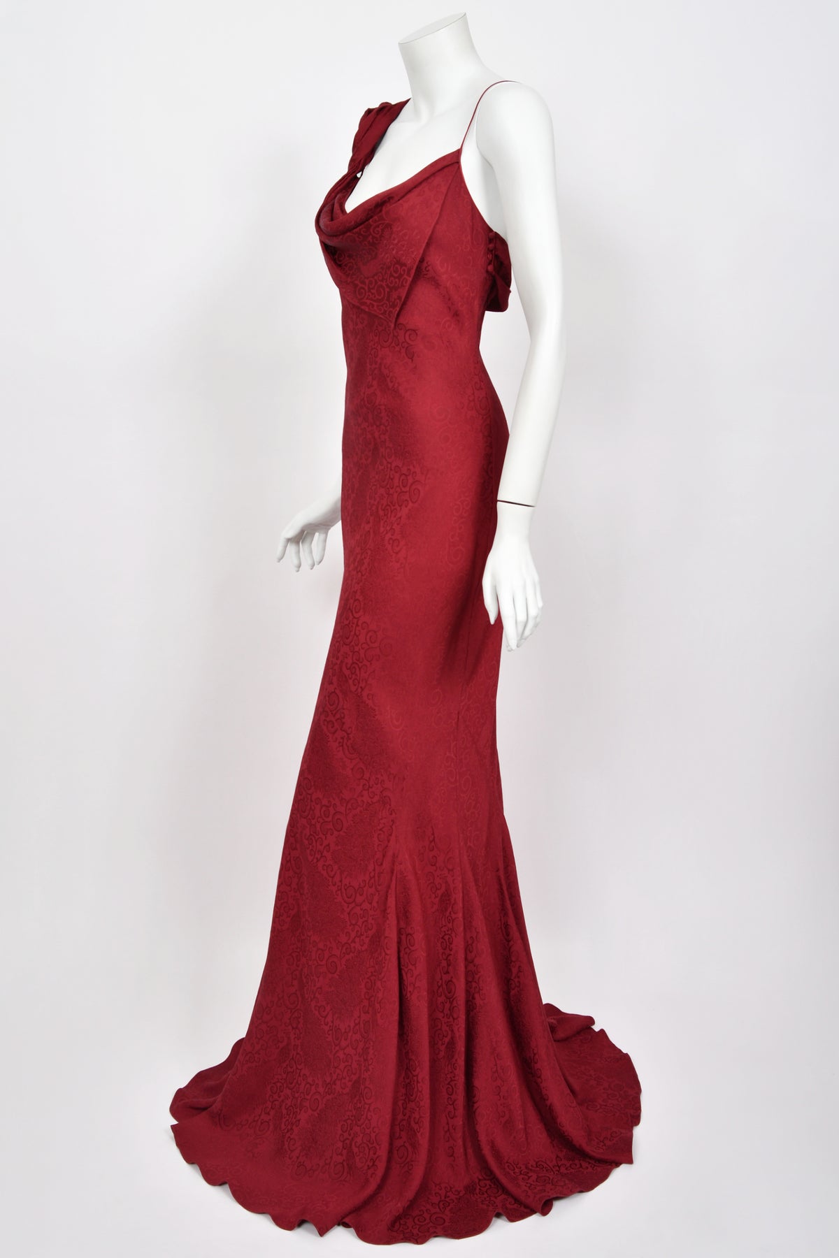 1999 John Galliano Maori Collection Merlot Red Silk Bias-Cut Gown w/ Fringed Shawl