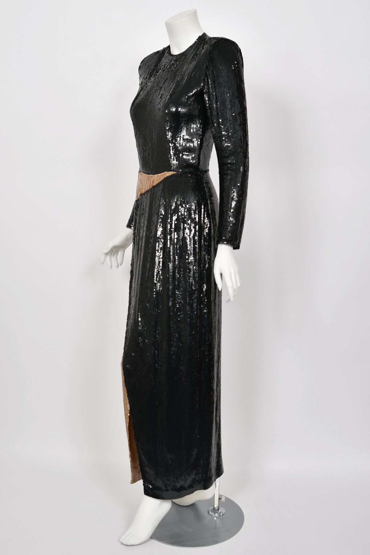 1985 Geoffrey Beene Documented Black &amp; Gold Fully-Sequin &#39;Cindy Crawford&#39; Gown