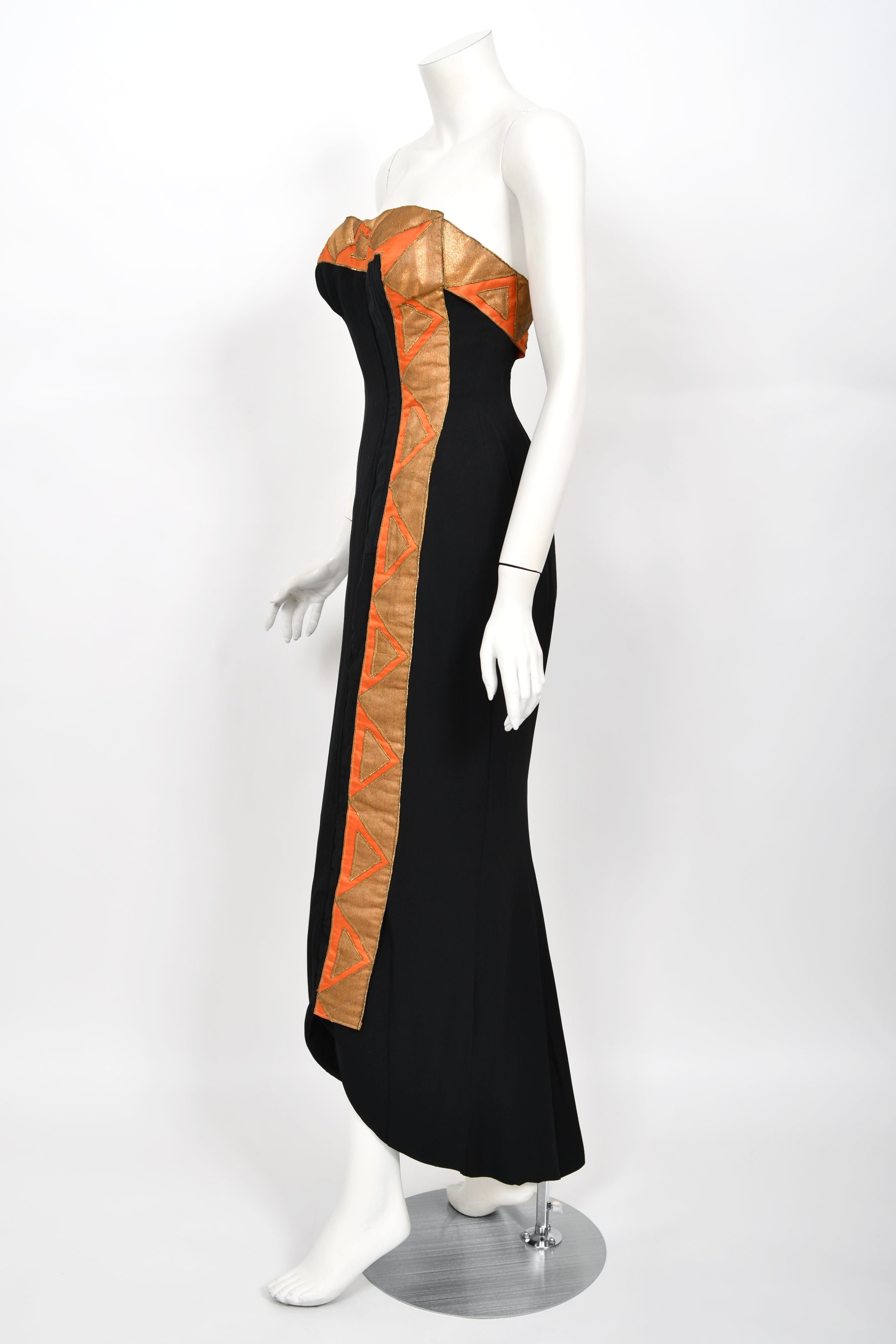 1950's Yma Sumac Custom Couture Black & Orange Silk Hourglass Gown Ens - Timeless Vixen 1950's Yma Sumac Custom Couture Black & Orange Silk Hourglass Gown Ens - Timeless Vixen