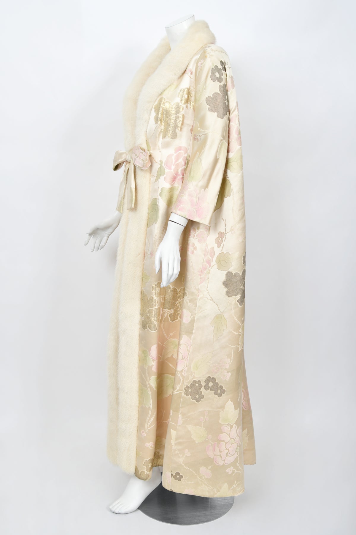1965 Nina Ricci Haute Couture Documented Pink Silk-Brocade &amp; Mink Fur Maxi Coat