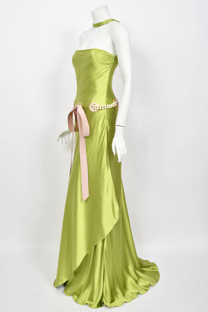 2005 Valentino Runway Chartreuse Silk Draped-Pearls Reverse Halter Glamour Gown