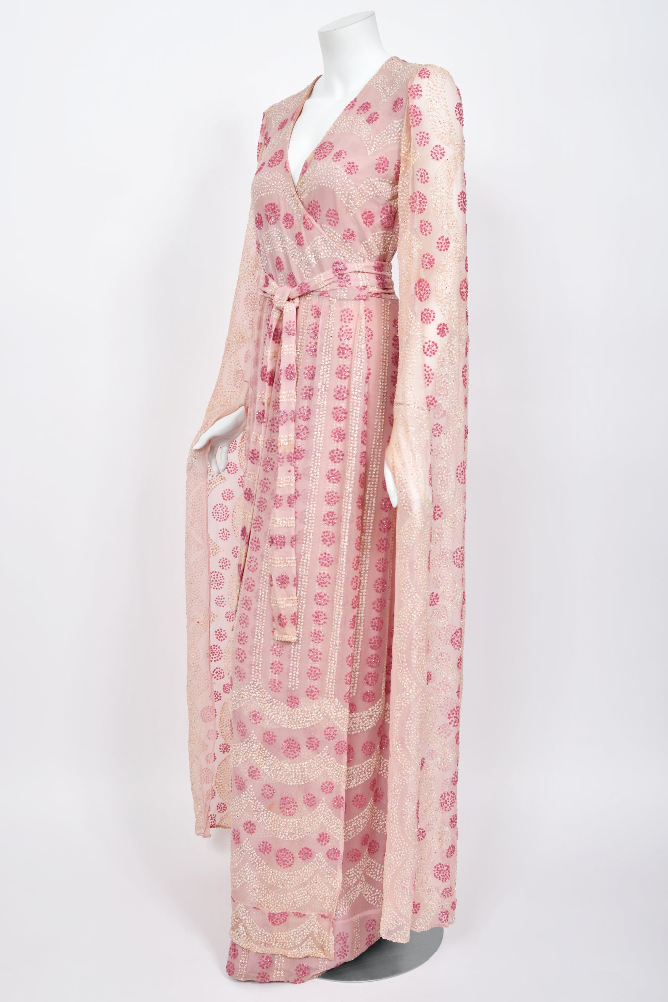 1974 Thea Porter Couture Pink Glitter Silk Angel Sleeve Wrap Gown 1974 Thea Porter Couture Pink Glitter Silk Angel Sleeve Wrap Gown