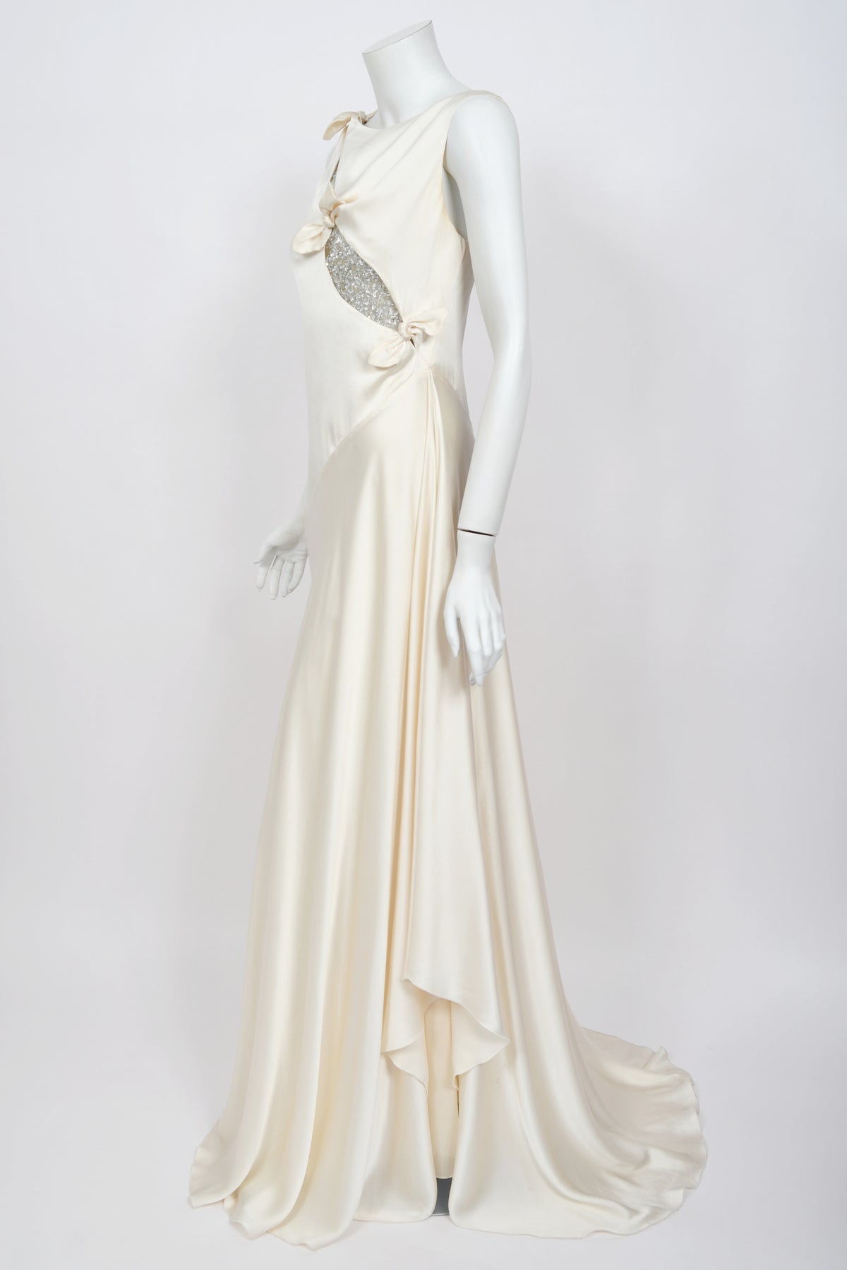 2002 Valentino Candlelight Silk Beaded Sequin Cut Out Ties Draped Bias-Cut Gown