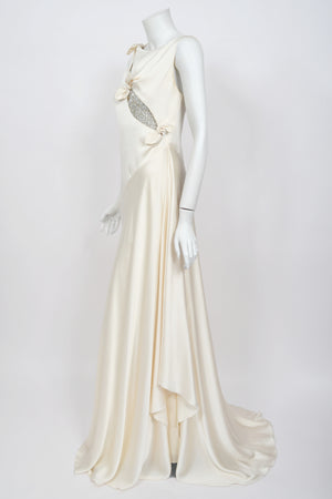 2002 Valentino Candlelight Silk Beaded Sequin Cut Out Ties Draped Bias-Cut Gown