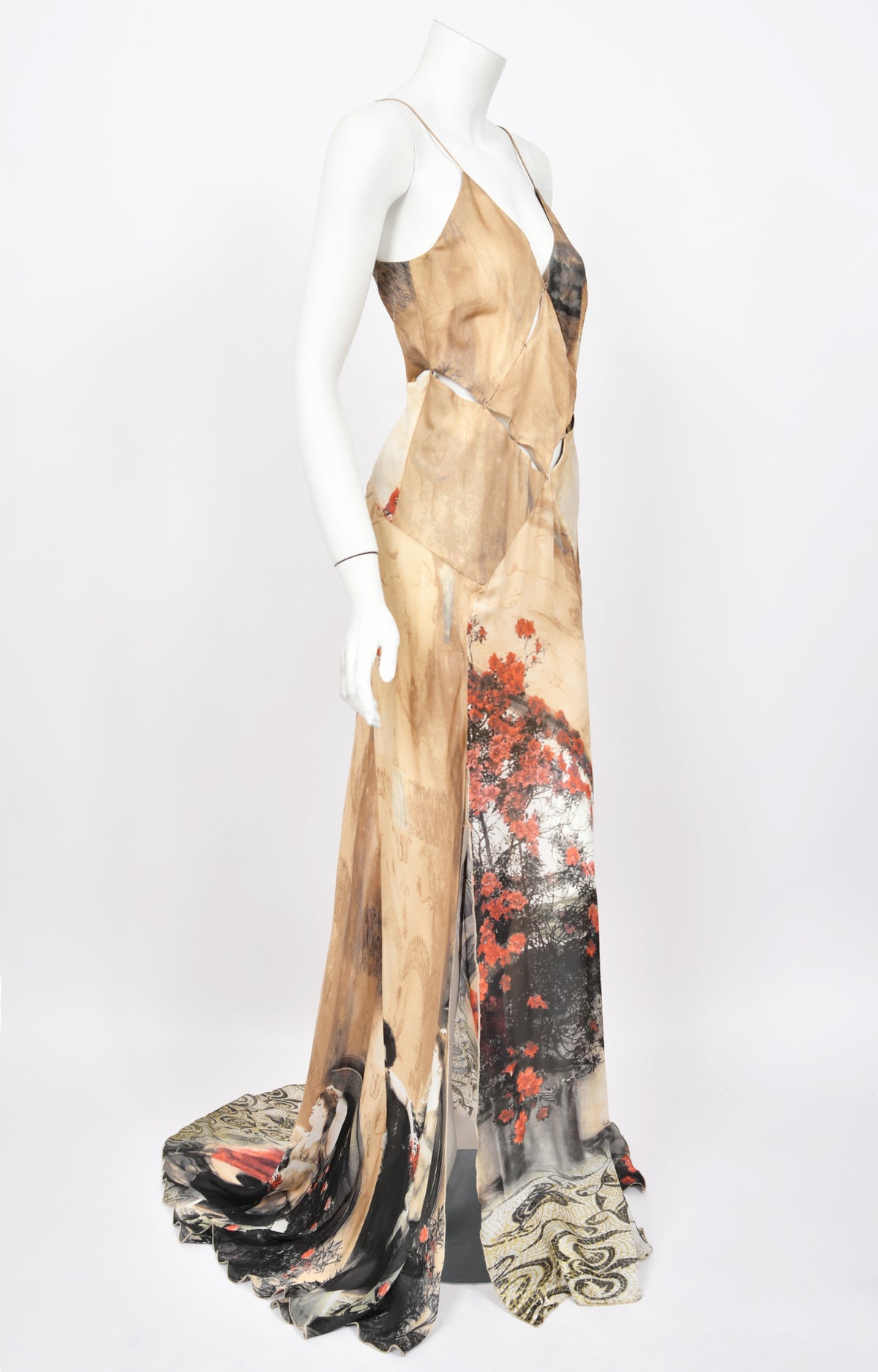 2004 Roberto Cavalli Runway Look 27 Metallic Silk &#39;Lady Print&#39; Cut-Out Gown