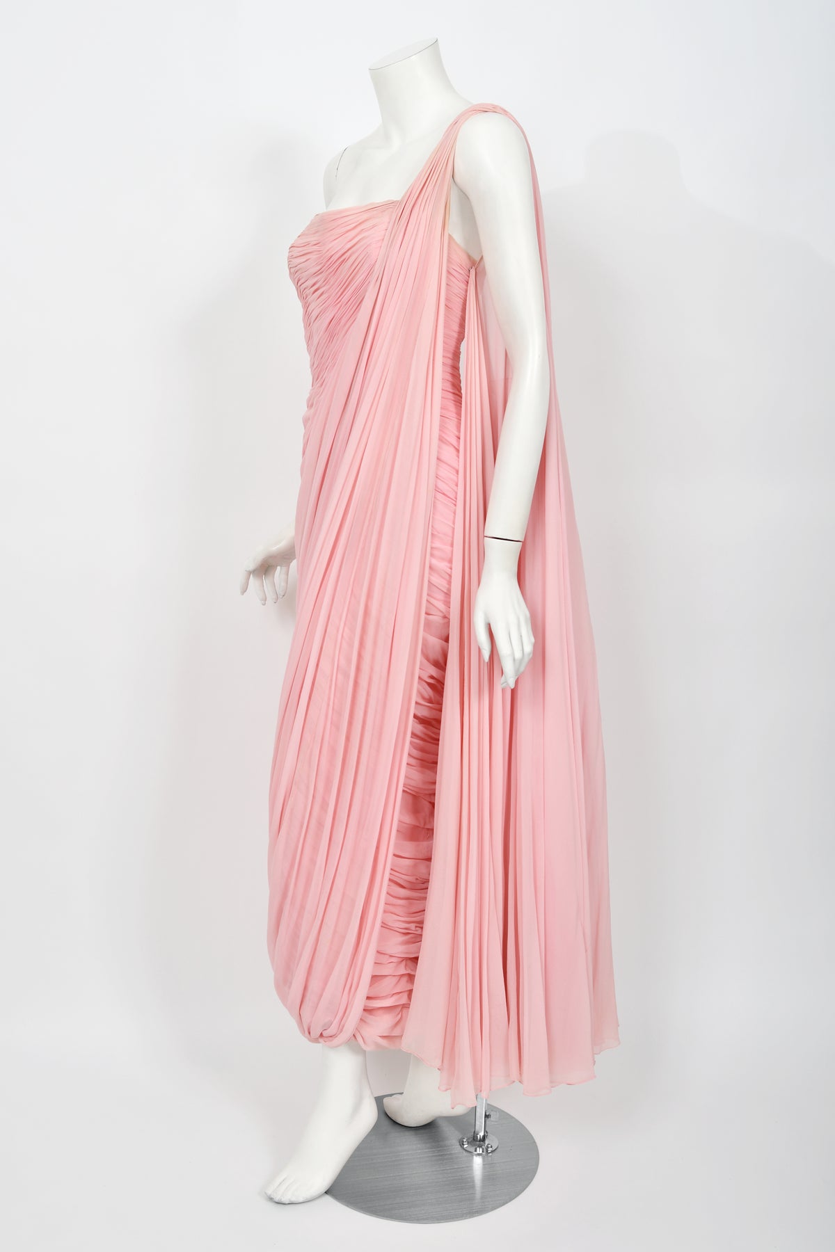 1958 Jean Dessès Haute Couture Attributed Pink Ruched Chiffon Goddess Gown