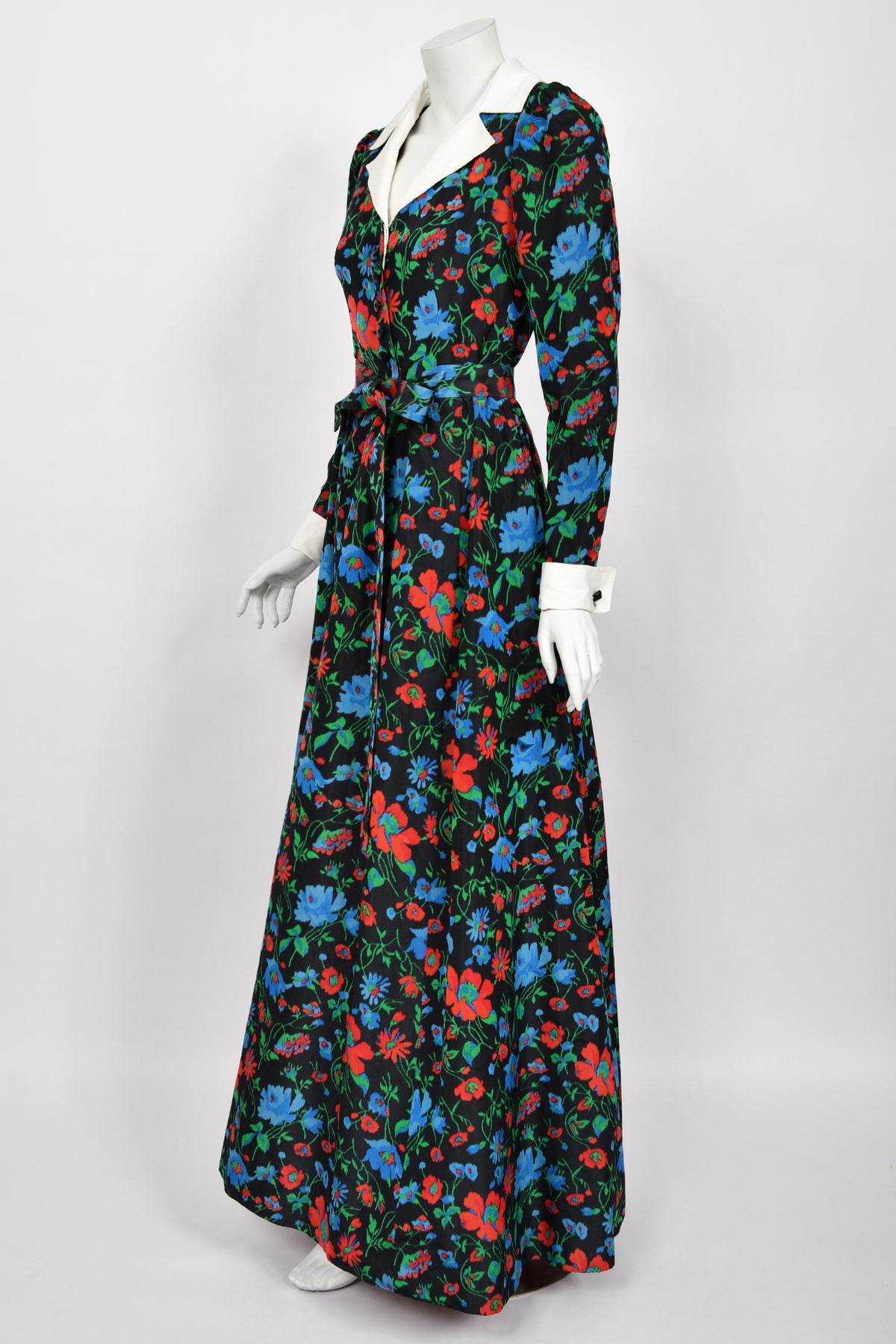 1972 Yves Saint Laurent Haute Couture Documented Floral Silk Collar Cuff Gown