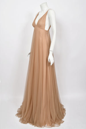 1998 Tom Ford for Gucci Runway 'Gisele' Nude Illusion Tulle Low-Cut Plunge Gown