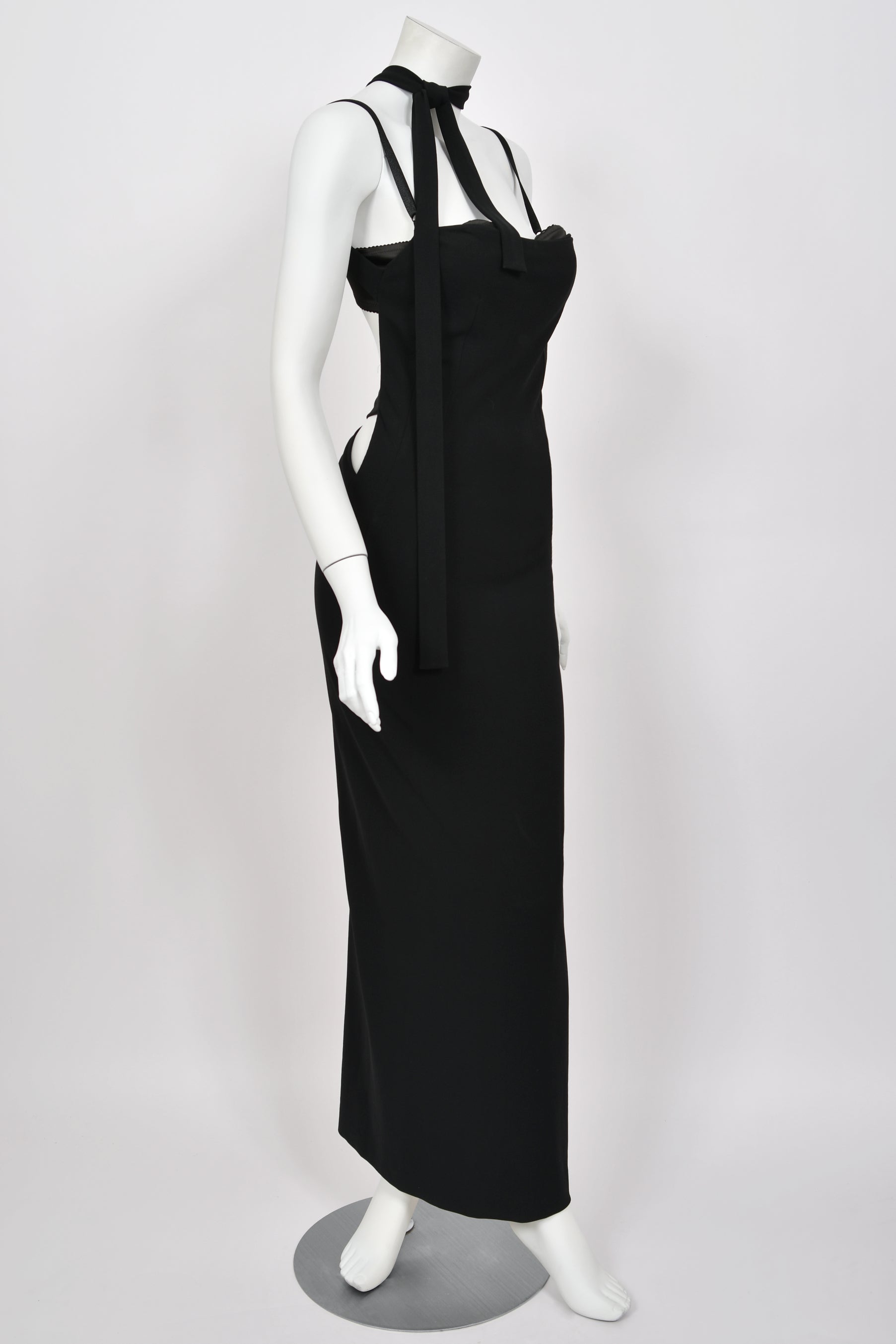 Vintage 2001 Dolce & Gabbana Black Built-In Bra Necktie Straps Backless Gown - Timeless Vixen Vintage 2001 Dolce & Gabbana Black Built-In Bra Necktie Straps Backless Gown - Timeless Vixen