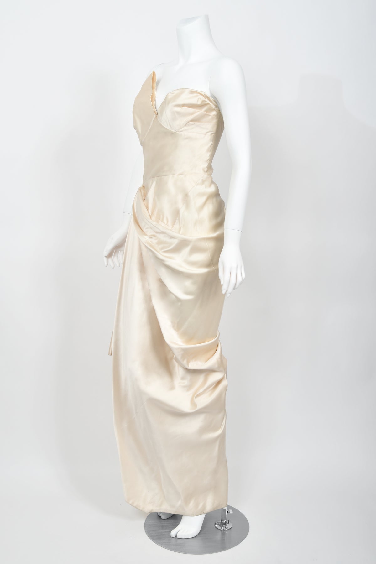 1949 Jeanne Lanvin Haute Couture Ivory Silk Satin Strapless Draped Bridal Gown