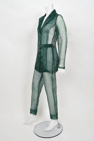 1997 Rifat Ozbek Sheer Green Leopard Print Blazer & Trousers Pantsuit