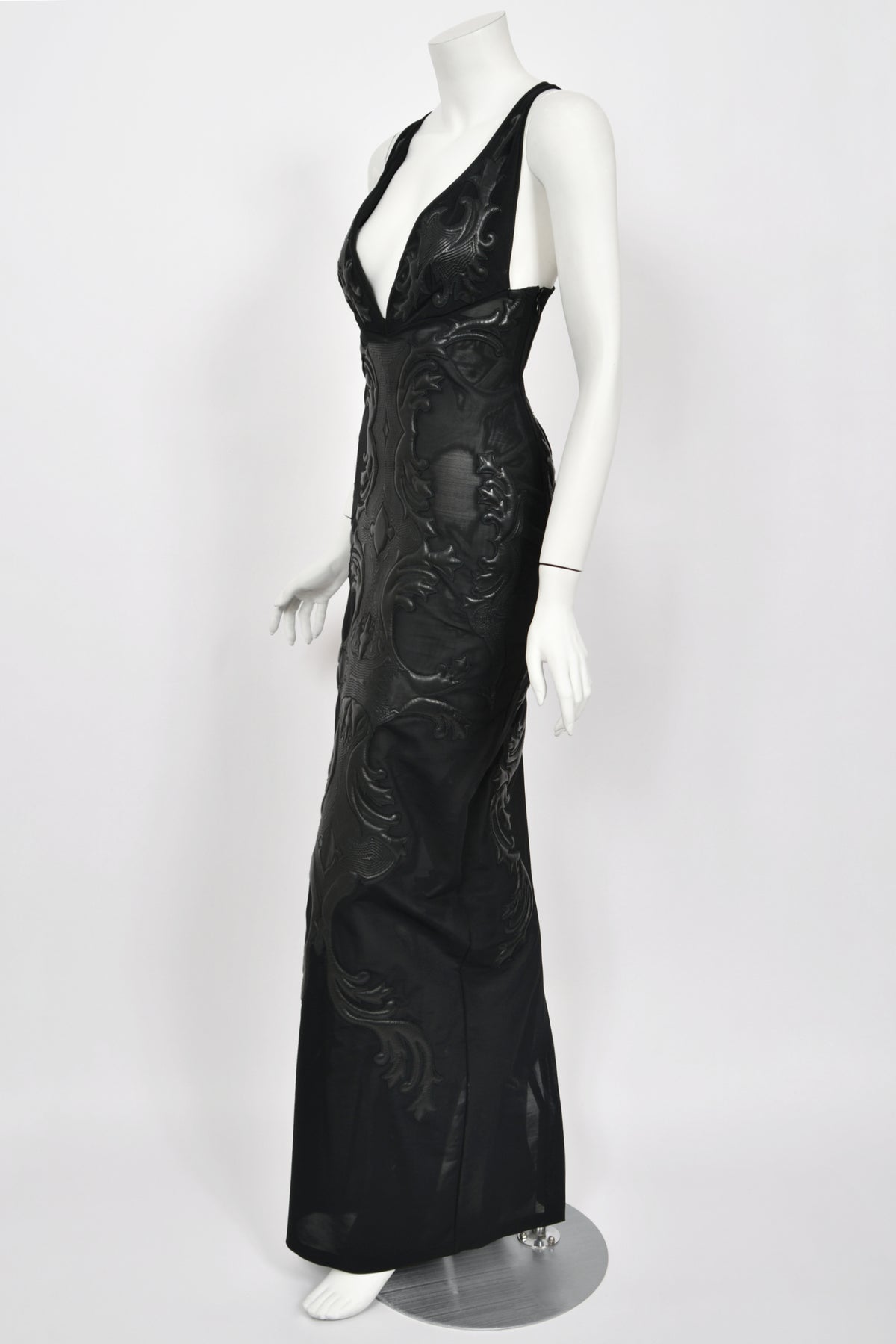 2002 Roberto Cavalli Black Leather Appliqué Sheer Mesh Low-Cut Hourglass Gown
