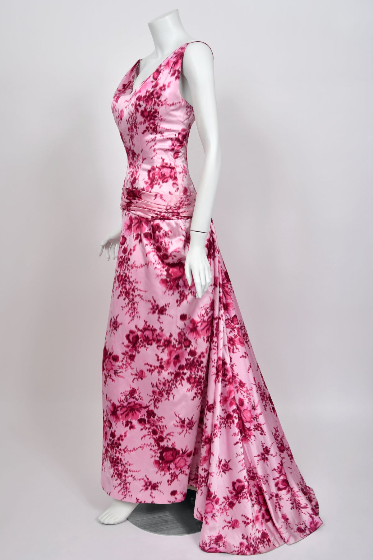 1955 Samuel Winston Vogue Documented Pink Floral Silk Satin Sculptural Trained Gown