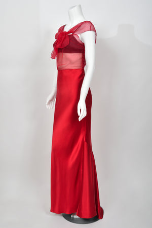 2010 Christian Dior by John Galliano Ruby Red Silk Sheer Black Bra Bias-Cut Gown