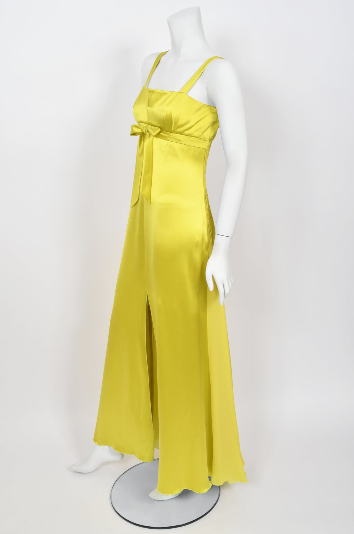 2005 Valentino Runway Chartreuse Yellow Silk Shelf-Bust Bustier High Slit Gown