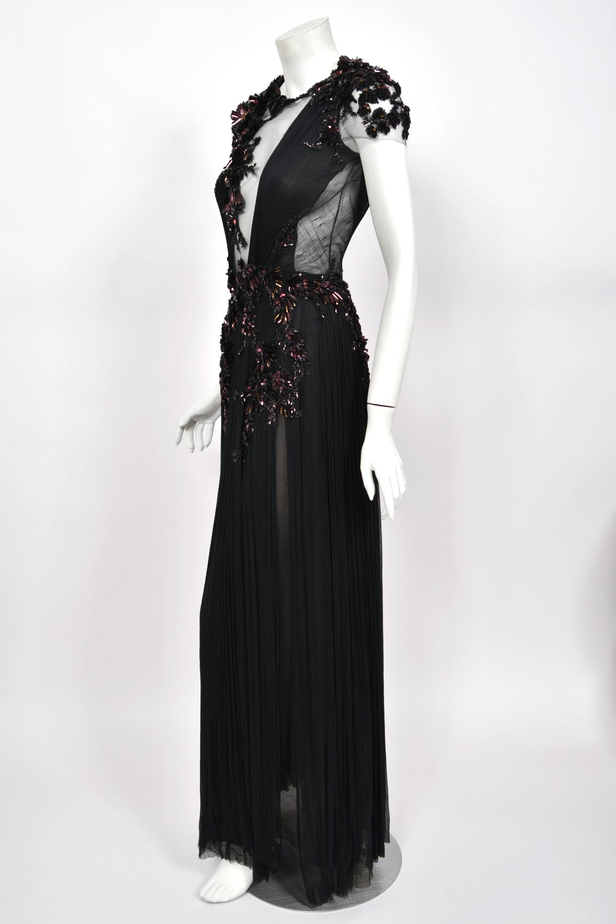 2012 Gucci Runway Editorial Heavily Embellished Sequin Sheer Black Pleated Tulle Gown