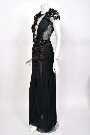 2012 Gucci Runway Editorial Heavily Embellished Sequin Sheer Black Pleated Tulle Gown