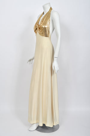 1972 Loris Azzaro Couture Ivory Silk-Jersey & Gold Metal Mesh Backless Gown w/ Cape