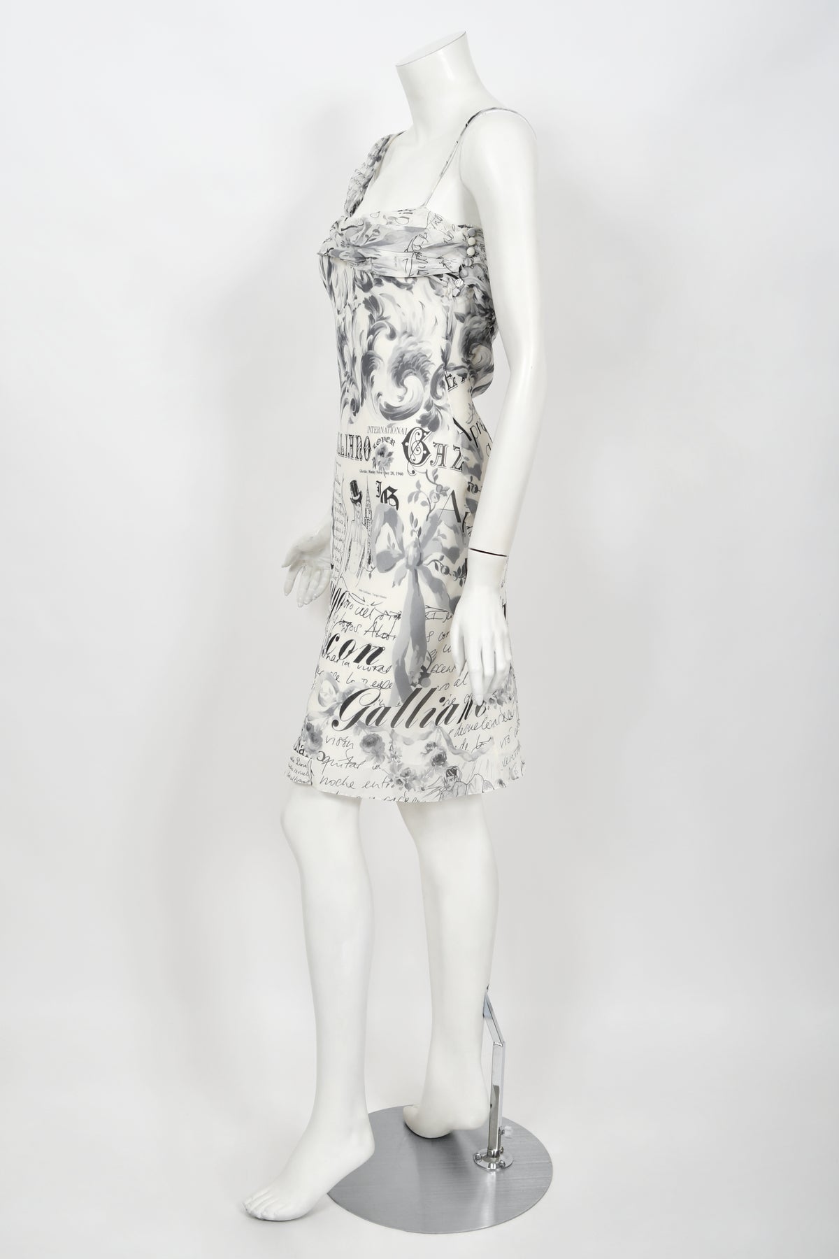 2006 John Galliano Documented Newspaper Print Silk Chiffon Bias-Cut Slip Dress
