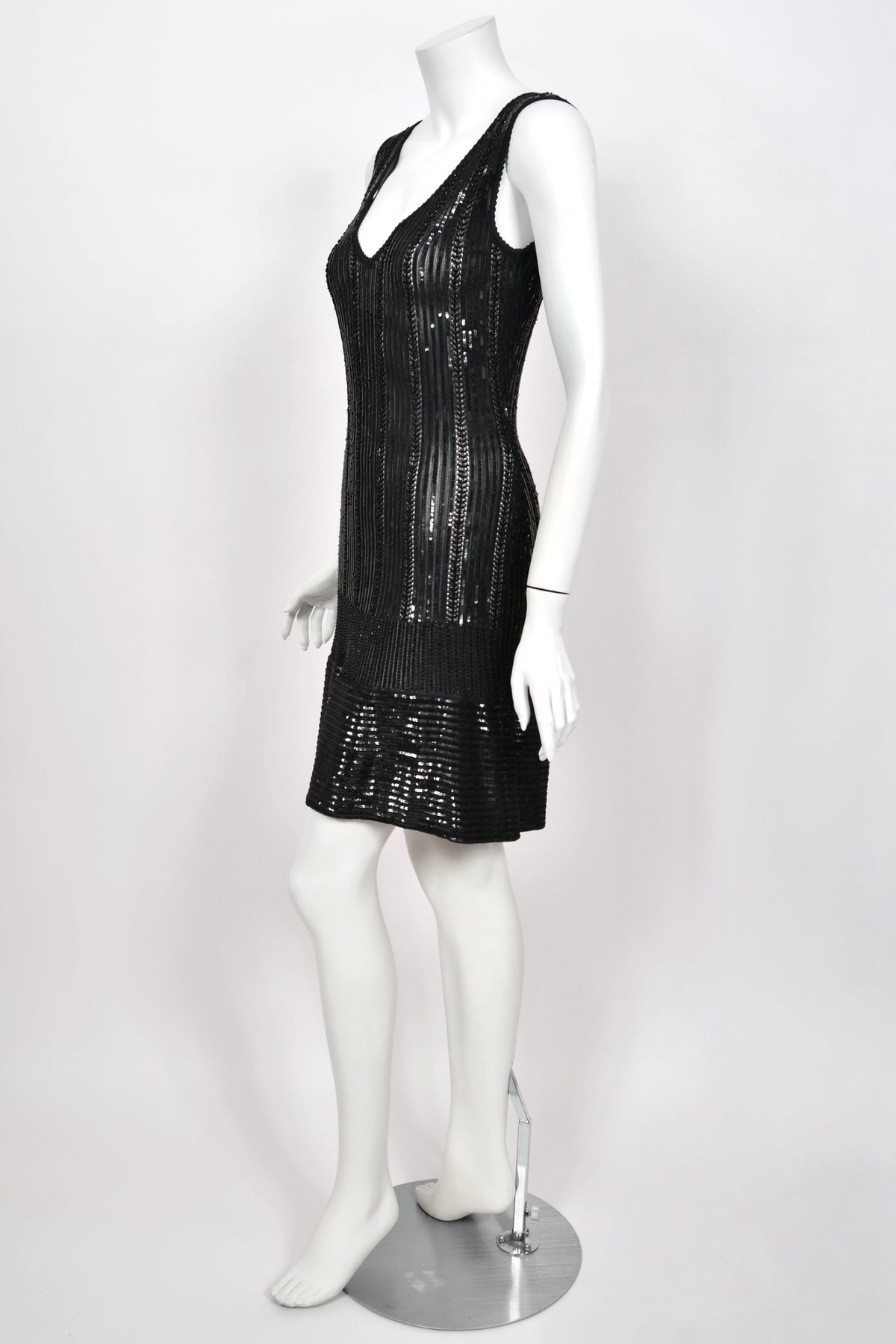 1996 Azzedine Alaia Beaded Sequin Black Semi-Sheer Stretch Knit Flounced Mini Dress