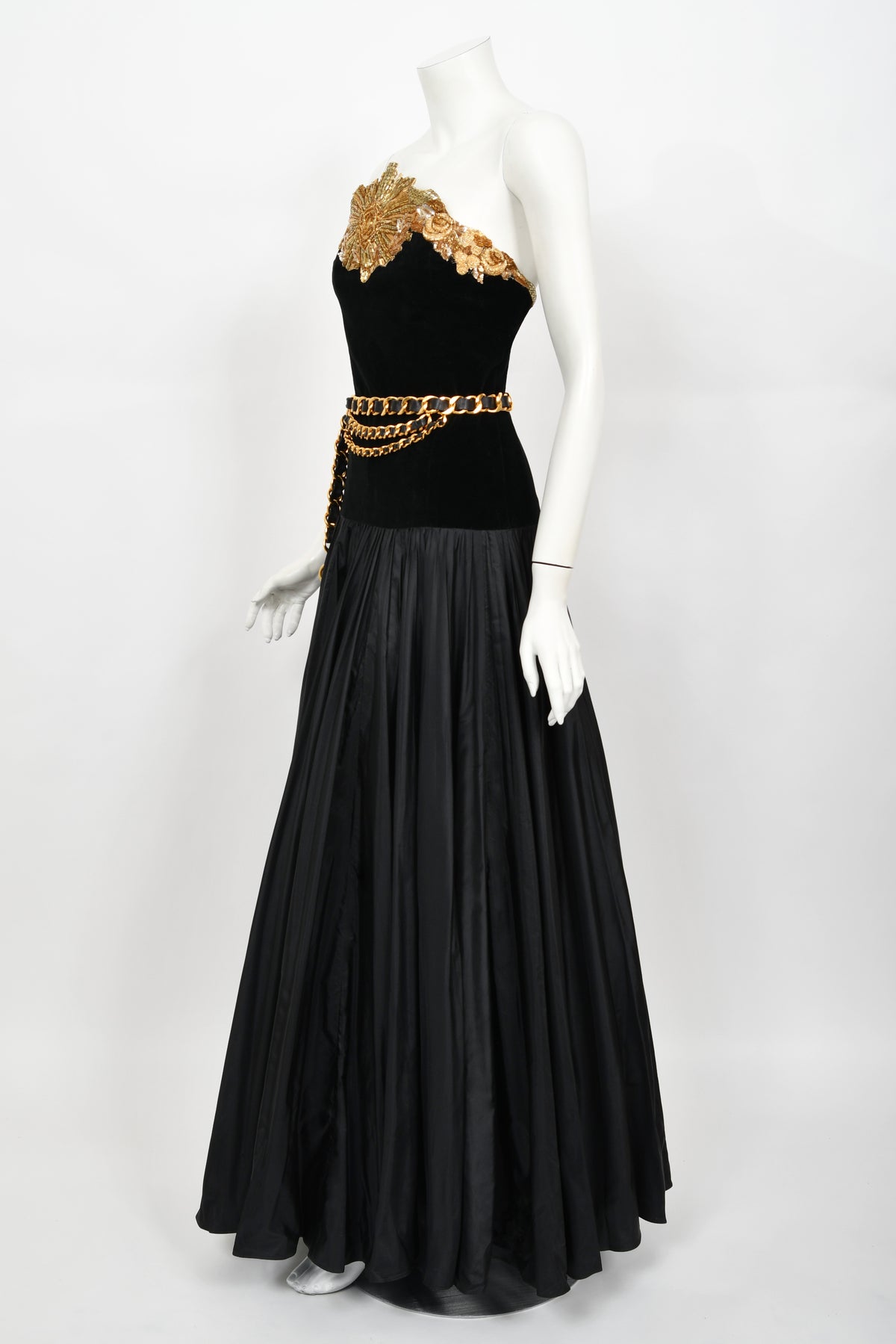1985 Chanel Documented Runway Metallic Beaded Gold Lamé &amp; Black Silk Strapless Gown