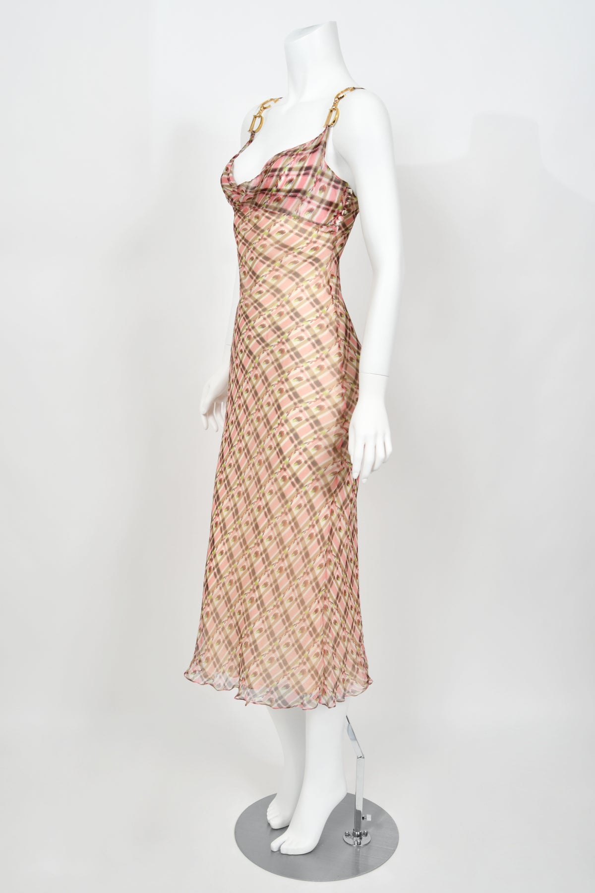2000 Christian Dior by Galliano Pink Plaid Silk Logo Hardware Bias-Cut Dress