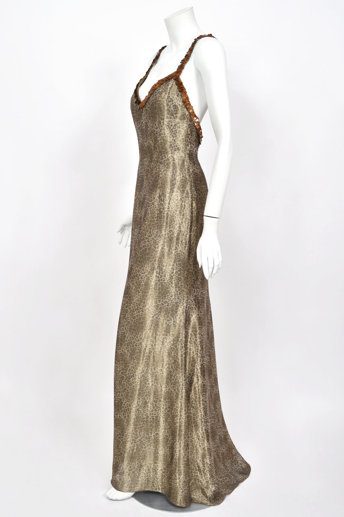 1998 Valentino Runway Semi-Sheer Leopard Print Shimmer Silk Beaded Slip Gown