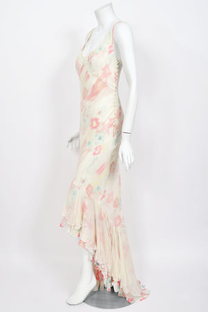 2008 John Galliano 'Grey Gardens' Collection Floral Silk High Low Bias-Cut Gown