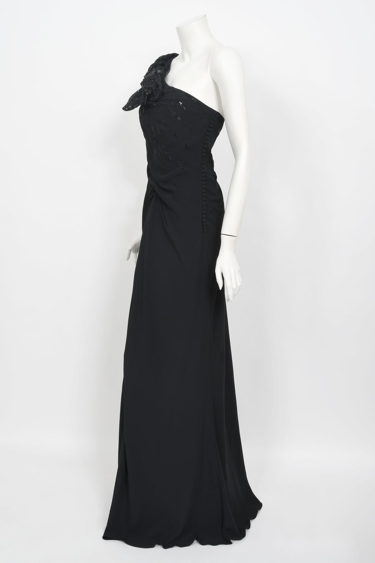 2008 Christian Dior by John Galliano Black Beaded Silk High Slit Bias-Cut Gown