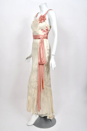 1930’s Ivory Leaf Motif & Blush Pink Silk Satin Floral Appliqué Bias-Cut Trained Couture Gown