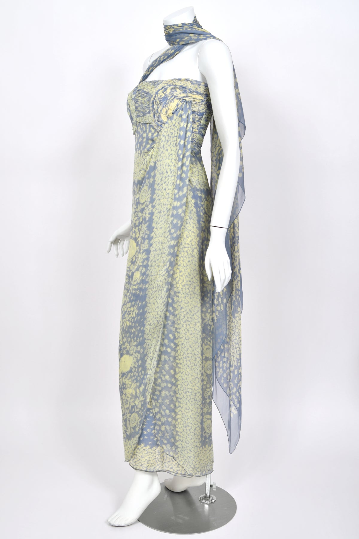 1995 Valentino Runway Periwinkle & Yellow Floral Print Silk Ruched Strapless Draped Gown