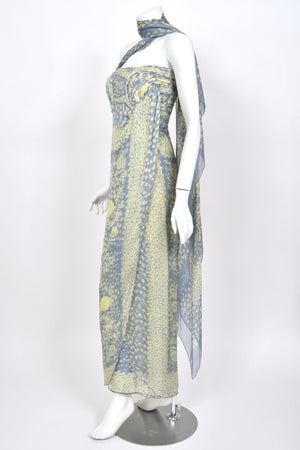 1995 Valentino Runway Periwinkle & Yellow Floral Print Silk Ruched Strapless Draped Gown