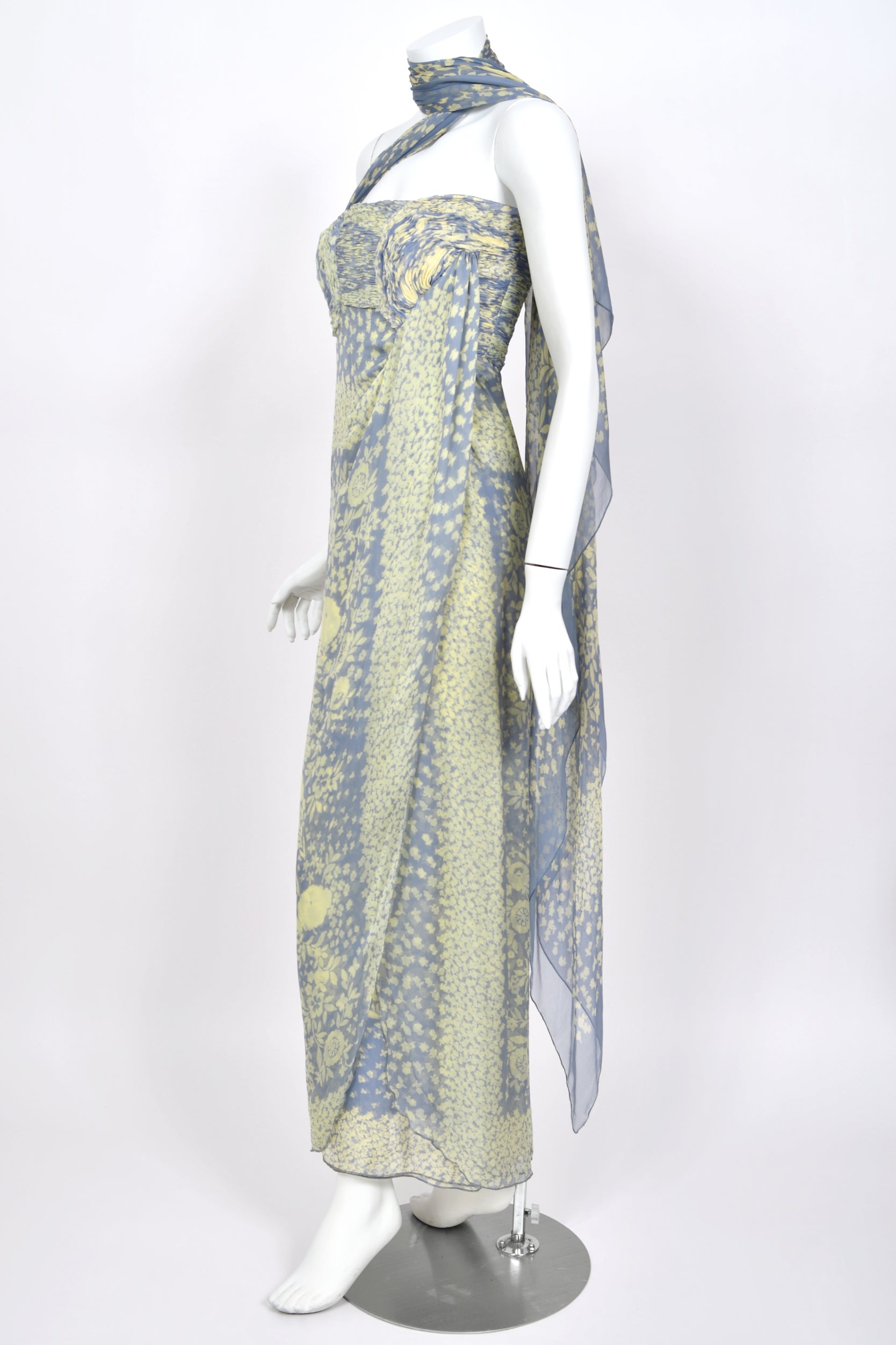 1995 Valentino Periwinkle & Yellow Floral Print Silk Strapless