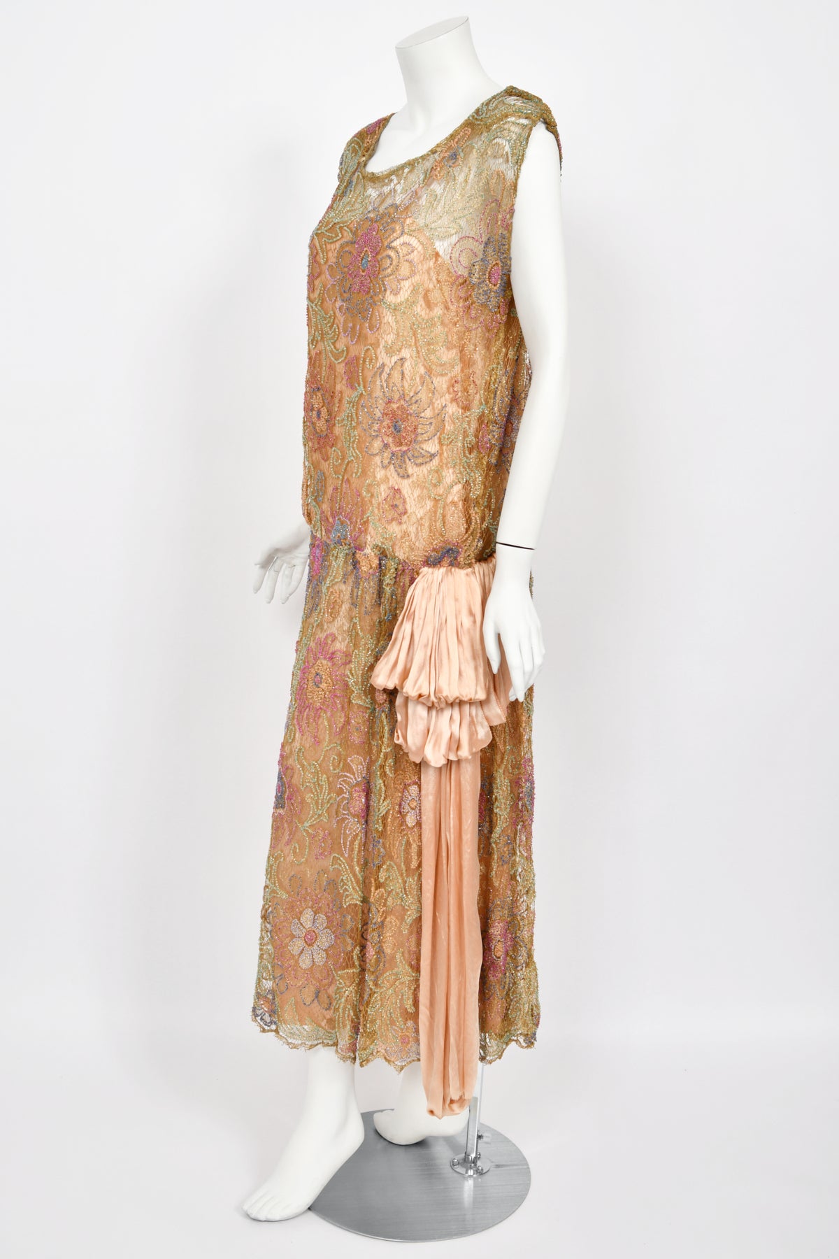 1920&#39;s French Couture Colorful Beaded Metallic Lamè Lace &amp; Pink Silk Dress