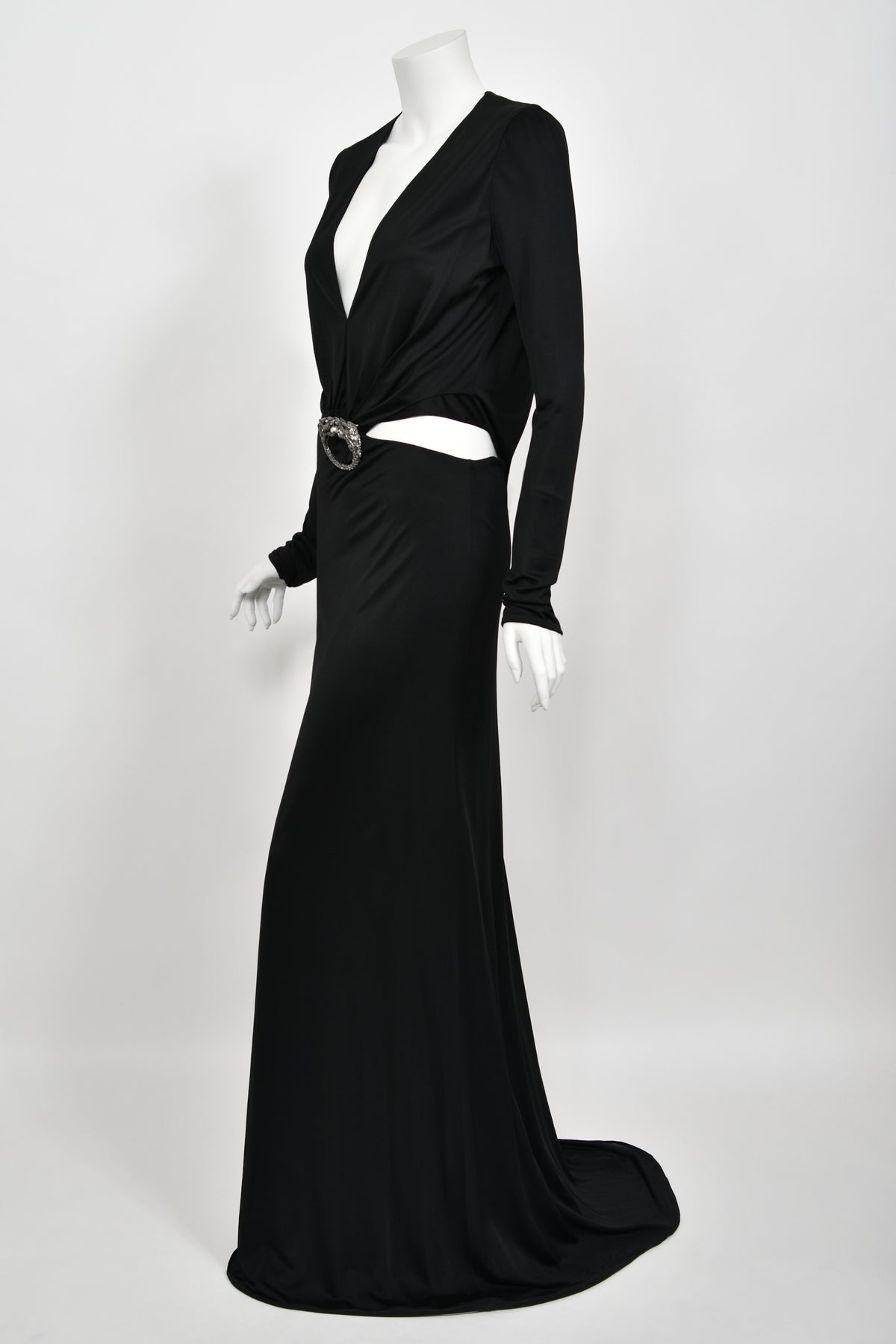 2004 Gucci by Tom Ford Black Silk Jersey Plunge Long Sleeve Cut-Out Finale Gown