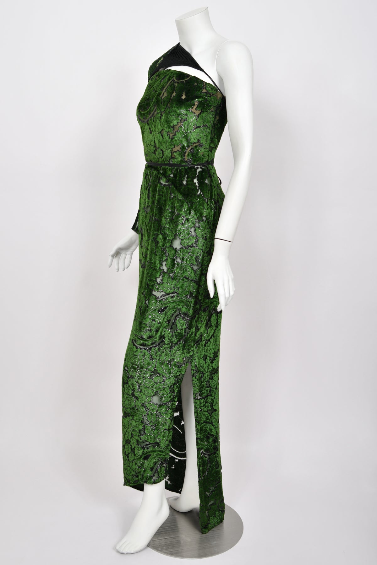 1990 Geoffrey Beene Couture 'Green Leaves' Sheer Devoré Velvet One-Sleeve Hourglass Gown