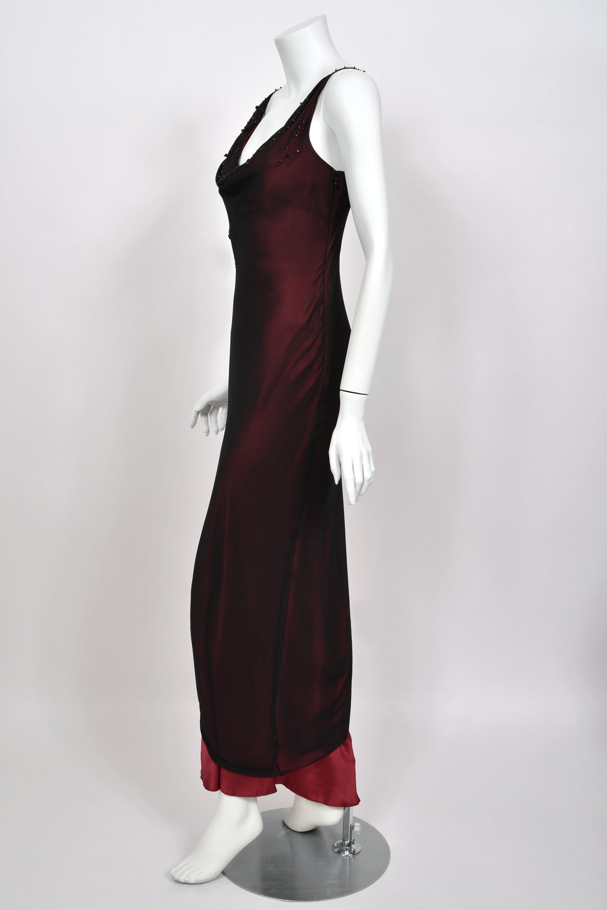 2000 John Galliano Beaded Black Sheer Silk Chiffon & Red Satin Draped Bias-Cut Gown