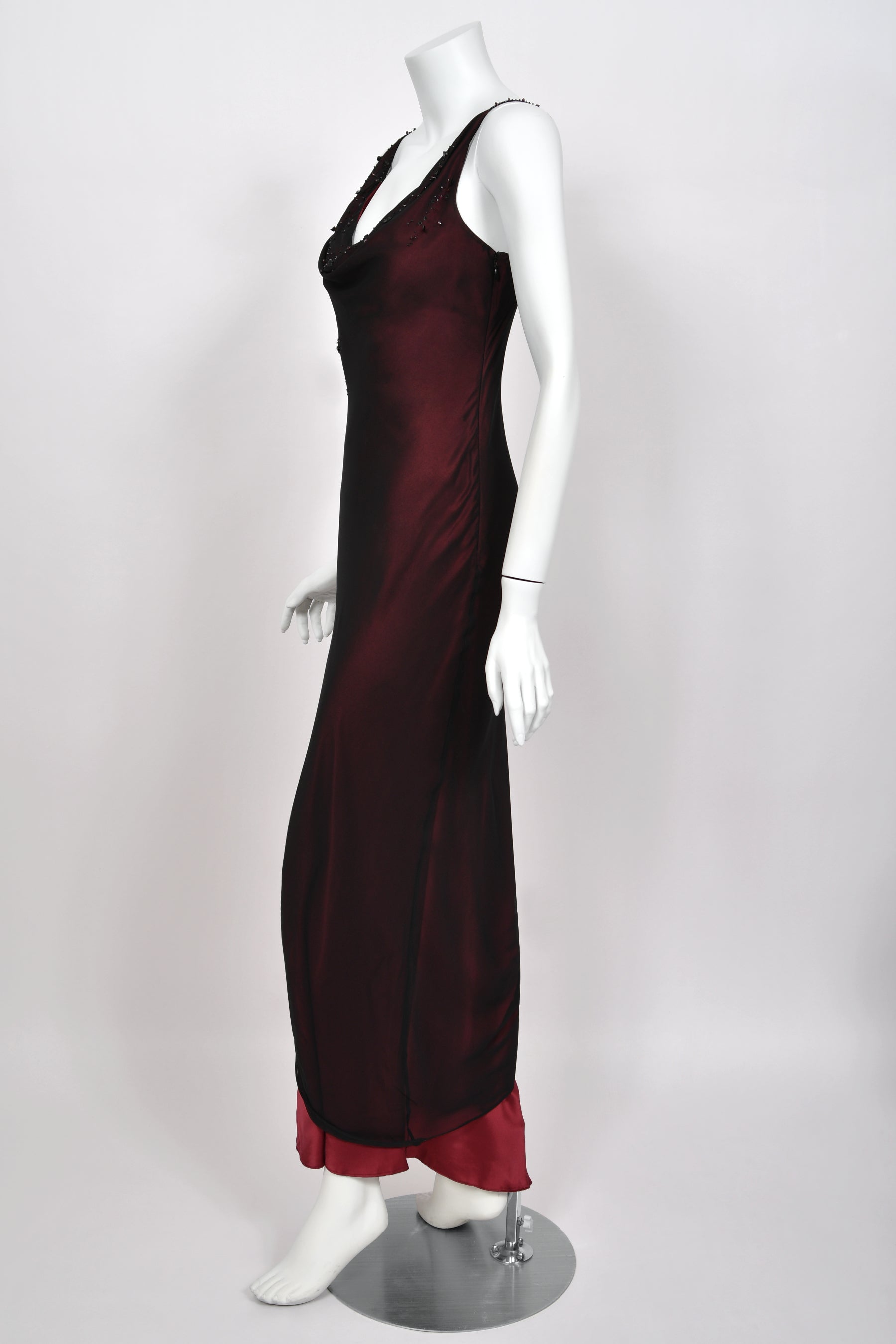 2000 John Galliano Beaded Sheer Black Silk Chiffon & Red Satin Gown