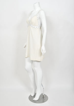 1968 Loris Azzaro Couture Documented Elle Magazine Ivory Silk Cut-Out Mini Dress