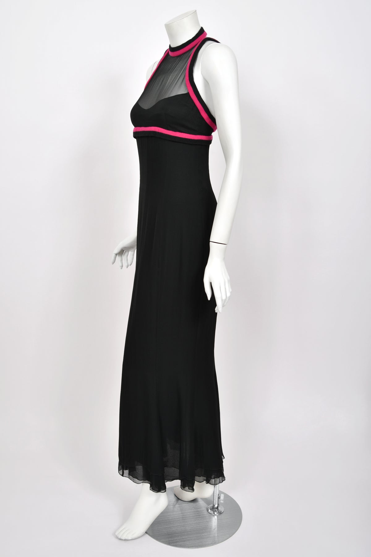 1994 Chanel by Karl Lagerfeld Black Sheer Silk Chiffon Pink Cashmere Trimmed Maxi Dress w/ Shawl