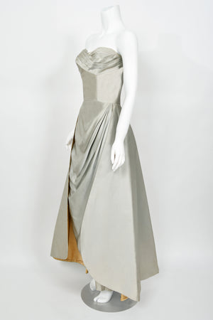 1950's Anne Verdi Couture Ice-Blue Silk Strapless Ruched Hourglass Skirted Gown